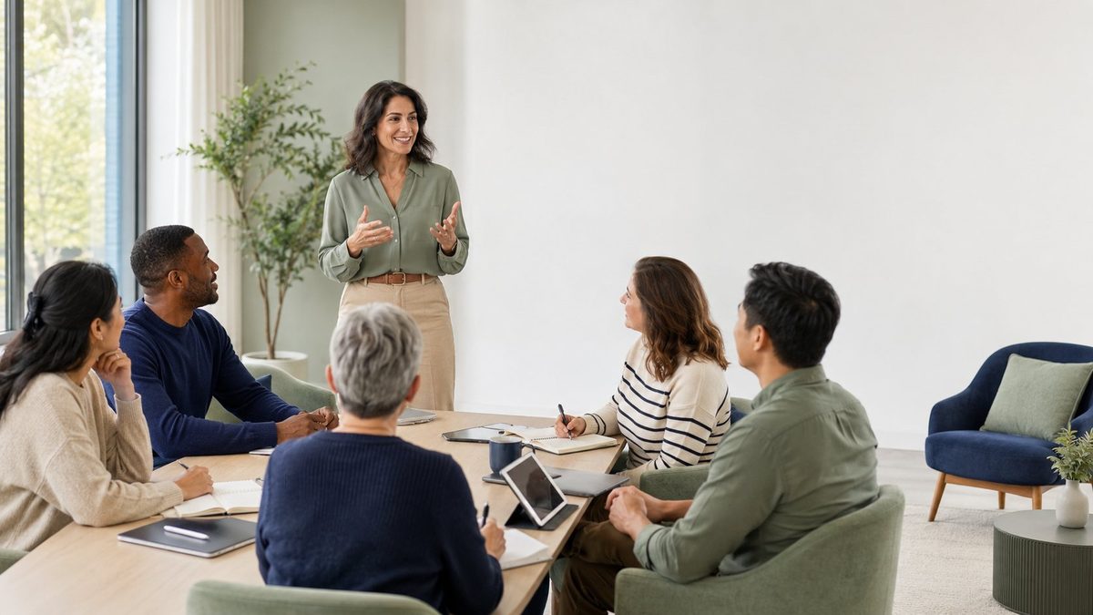 A group of colleagues talking together in a relaxed workspace